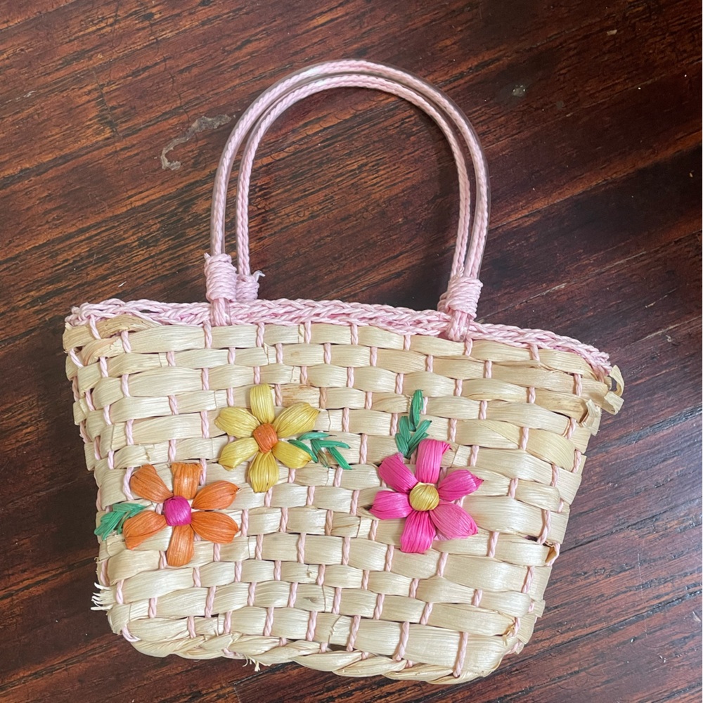 Floral Woven Straw Bag - Pink and Tan